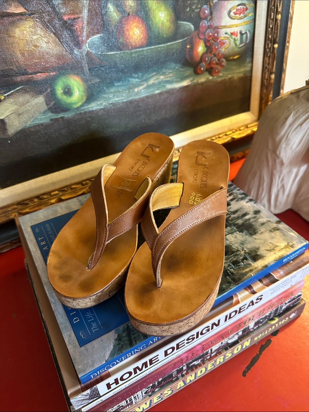 K.Jacques Brown Leather Cork Wedge Thong Sandals